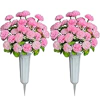 XONOR Artificial Cemetery Flowers, Set of 2 Artificial Carnation Bouquet Grave Memorial Flowers with Vase for Cemetery Headstones Decoration (Carnation, Pink)