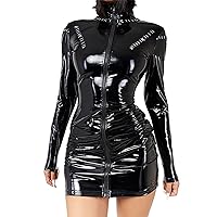 CHICTRY Women's Cut Out Front Keyhole Patent Leather Club Party Dress Wet Look Bodycon Zip Up Dresses