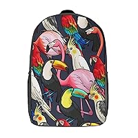 Tropical Birds Flamingo Parrot Travel Backpack Casual 17 Inch Large Daypack Shoulder Bag with Adjustable Shoulder Straps
