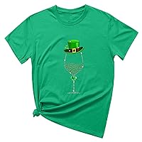 St Patrick's Day Tops Womens Casual Crew Neck Short Sleeve T-Shirt 2024 Trendy Lucky Green Wine Glass Graphic Tees Shirt