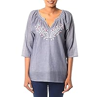 NOVICA Artisan Hand Embroidered Cotton Blouse India Blue Chambray with Clothing Top Grey Floral 'Charming Bouquet'
