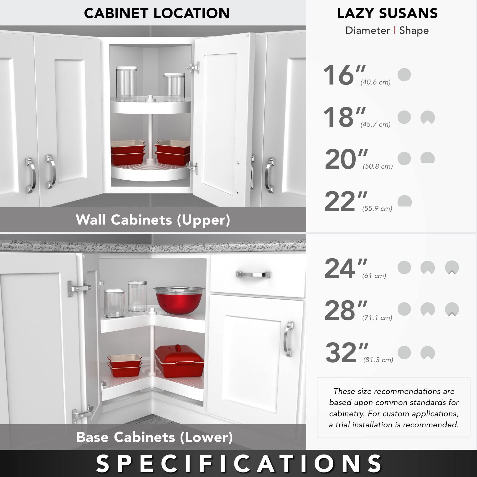 Rev-A-Shelf 3472-28-11-52 28 Inch Polymer and Kidney Shaped 2-Shelf Lazy Susan for Kitchen Corner Base Cabinets with Telescoping Mount, White