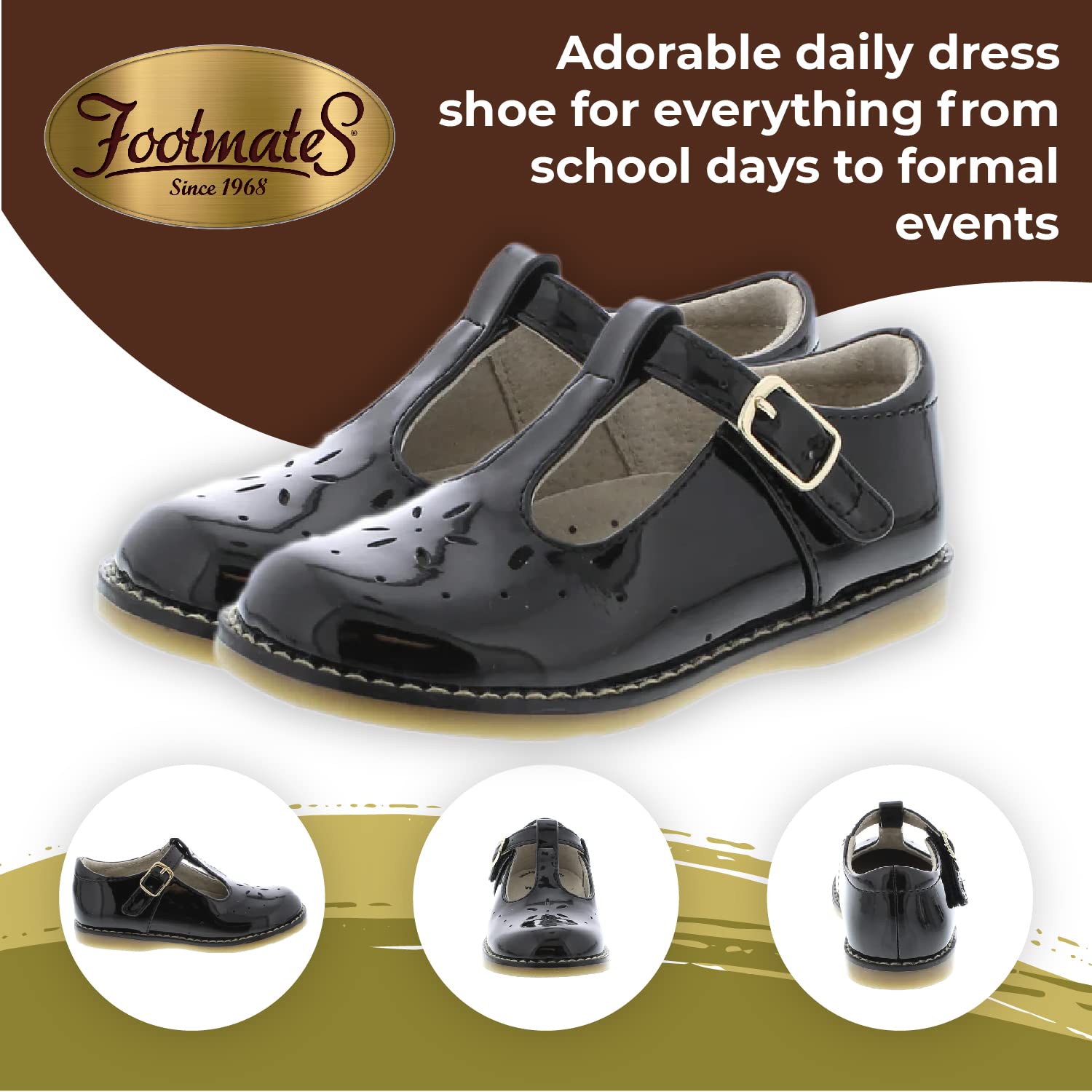 FOOTMATES Sherry Mary Jane Hook and Loop Leather T-Strap Shoes with Wide Toe Box and Custom-Fit Insoles, Non-Marking Outsoles - for Toddlers and Kids, Ages 1-8