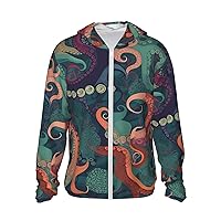 Sun Protection Hoodie Jacket Long Sleeve Zip Abstract Octopus Print Sun Shirt With Pockets For Men Women