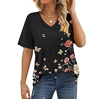 Womens Plus Size Summer Tops 2024 Loose Fit V Neck T Shirts Casual Short Sleeve Printed Tee Blouses Tunic