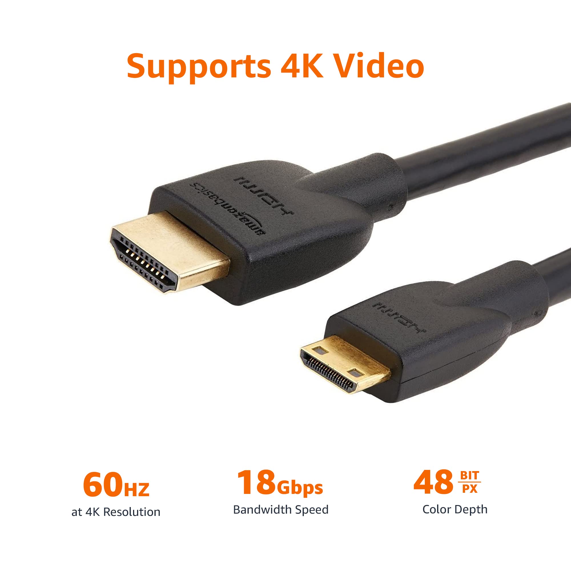 Amazon Basics Mini HDMI to HDMI Adapter Cable, 18Gbps High-Speed, 4K@60Hz, 2160p, 48-Bit Color, Ethernet Ready, 6 Foot, Black