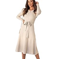 Women's Solid Color Knit Long Dress with Belt Long Sleeves Round Neck Skinny Winter Dress Simple and Comfortable