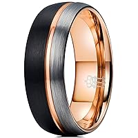 Three Keys Jewelry 8mm Tungsten Ring Thin Side Rose Gold Line Black Silver Brushed Mens Wedding Band