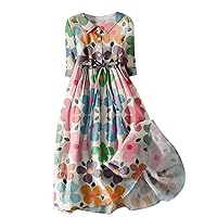 Womens Spring Summer Dresses Trendy Casual Midi Dress Boho Floral Lapel Neck Button Dress Casual A-Line Lace-Up Long Dress