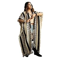 Boho Open Front Off-White & Black Maxi Dress - Elegant Robe with Kaftan Style, Ideal for Summer, Festivals