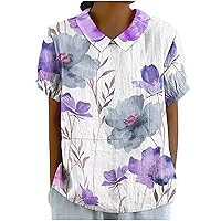 Summer Funny Floral Print Lapel Pullover Tops Women Casual Loose Shirts Plus Size Short Sleeve Keyhole Back Blouses