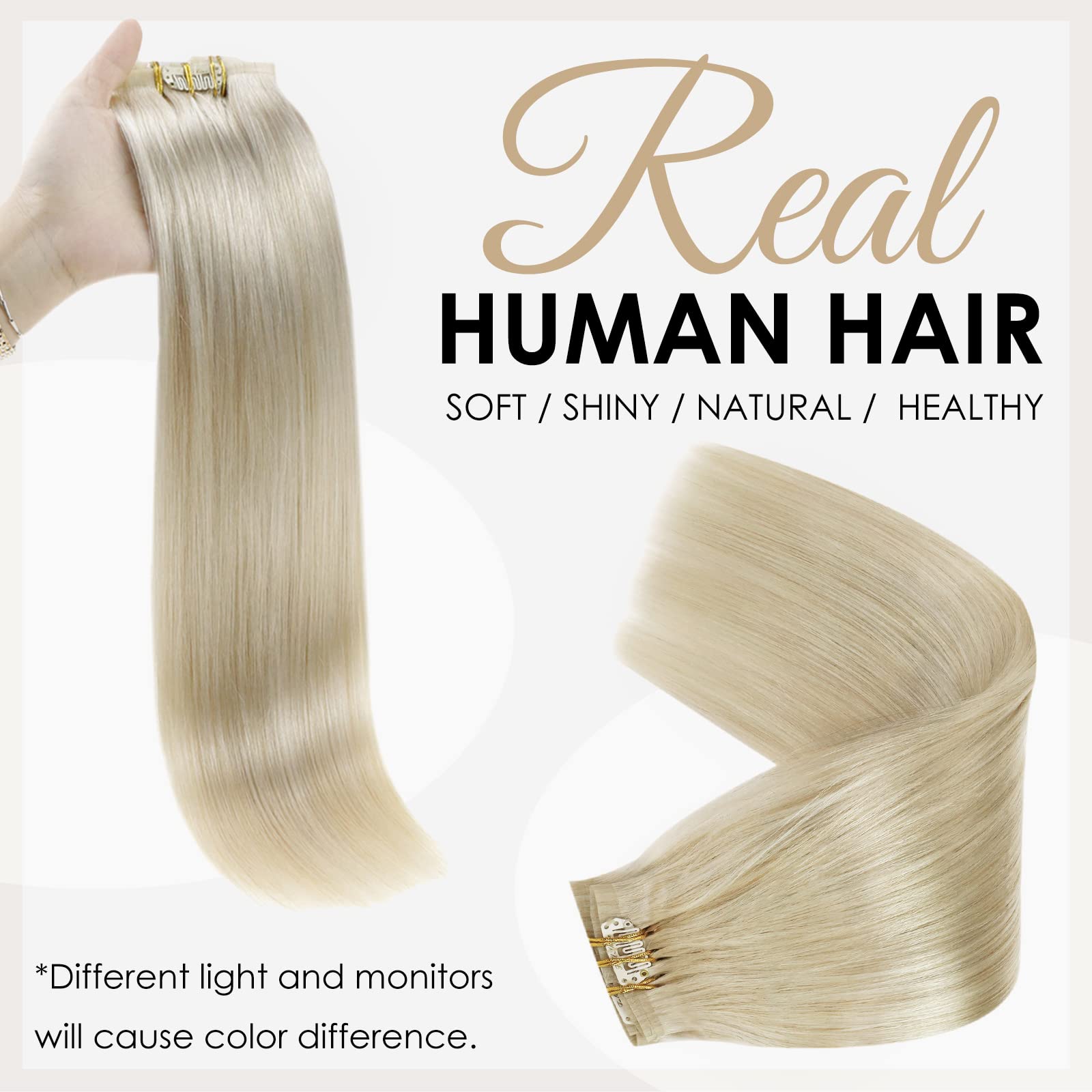 Full Shine Blonde Hair Clip in Hair Extensions Platinum Blonde Clip in Extensions Real Human Hair Invisible Pu Weft 8Pcs Straigt Natural Blonde Hair Clip in Hair 120 Grams 18 Inch