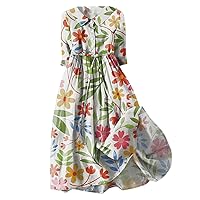 Summer Long Dresses for Women 2024 Casual Floral Linen Dress Maxi Button Lapel Shirt Dress Flowy Boho Vacation Dresses