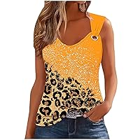 Women Leopard Print Color Block Tank Tops Summer Sexy V Neck O Ring Shoulder T-Shirt Casual Sleeveless Tunic Blouse