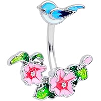 Body Candy 14G Womens 316L Steel Navel Ring Piercing Blue Bird Pink Flowers Double Mount Belly Button Ring