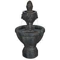 Outdoor Water Fountain, 2 Tier Lion Head Fountain With Natural Looking Stone and Soothing Sound for Decor on Patio, Lawn and Garden By Pure Garden Brown