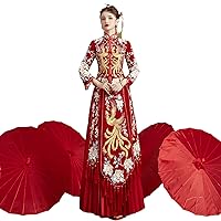 Chinese Xiuhe Red Wedding Dress,Gorgeous Embroidered Tops and Pleated Skirt Qipao Suit