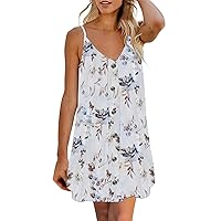 Women's Casual Dresses Printed Camisole Tank Dress V Neck Backless Button Down Mini Dress Sleeveless Summer Sundress Daily Wear Streetwear(3-White,8) 0188