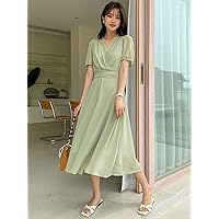 Women's Dresses Casual Wedding Surplice Neck Puff Sleeve Dress Wedding Guest (Color : Mint Green, Size : Small)