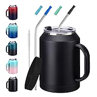 Insulated Coffee Mug 50 oz Tumbler with Handle - Metal Straws, Wide Mouth Leak-proof BPA-Free Stainless Steel Coffee Cup, Insulated Tumbler Big Travel Thermal Flask Water Bottles Keep Cold 36 Hrs