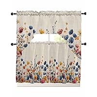 Vintage Wildflower Purple Yellow Floral Kitchen Curtains Swag Valance and Tier Curtains Set 36 Inch Length, Rod Pocket Drape Swag Curtains for Bathroom/Cafe/Window Farmhouse Spring Watercolor Dasiy