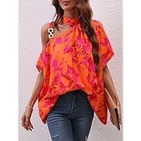 Women's Tops Women's Shirts Sexy Tops for Women Floral Print Chain Detail Asymmetrical Neck Batwing Sleeve Blouse (Color : Multicolor, Size : X-Large)