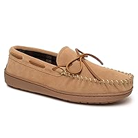 Minnetonka Plaid Lined Hardsole - Moccasin Slippers for Men Made with Suede Upper, Rubber Sole, Plush Interior, Fleece Lining, Rawhide Lace, and Traditional Moccasin Design