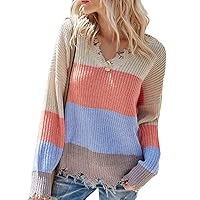 Flygo Women's Color Block Striped V Neck Loose Distressed Sweater Long Sleeve Ripped Pullover Knitted Tops