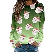 Christmas Shirts for Women Santa Print Crewneck Casual Holiday Lightweight Pullover Long Sleeve Xmas Sweatshirts