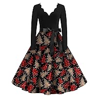 Christmas Dresses for Women Ugly Snowflake Printed Vintage Wrap A Line Cocktail Dress Sexy Long Sleeve V-Neck Maxi Dress