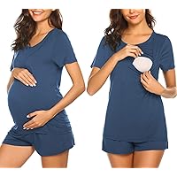 Ekouaer Maternity Nursing Pajamas Set Short Sleeve Breastfeeding Sleepwear Double Layer Postpartum Top and Shorts Set