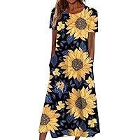 Women's Summer Dresses 2023 Fall Vintage Elegant Floral Dress Crewneck Short Sleeve Flowy Casual Dresses Midi Dress