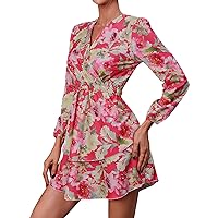 Summer Dresses for Women Beach Tshirt Dresse Womens Loose Casual V Neck Dress Floral Print Long Sleeve Short