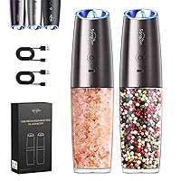 Sangcon Gravity Electric Salt and Pepper Grinder Set Shakers RECHARGEABLE 9OZ XL Capacity USB-C No Battery Needed - LED Light One Hand Operation, Adjustable Coarseness Automatic Mills Set for Gifts