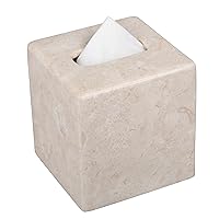 Creative Home Natural Champagne Marble Square Tissue Box Cover Facial Tissue Paper Holder Bathroom Vanity Countertop Organizer for Bedroom Dresser Night Stand End Table, 5.4