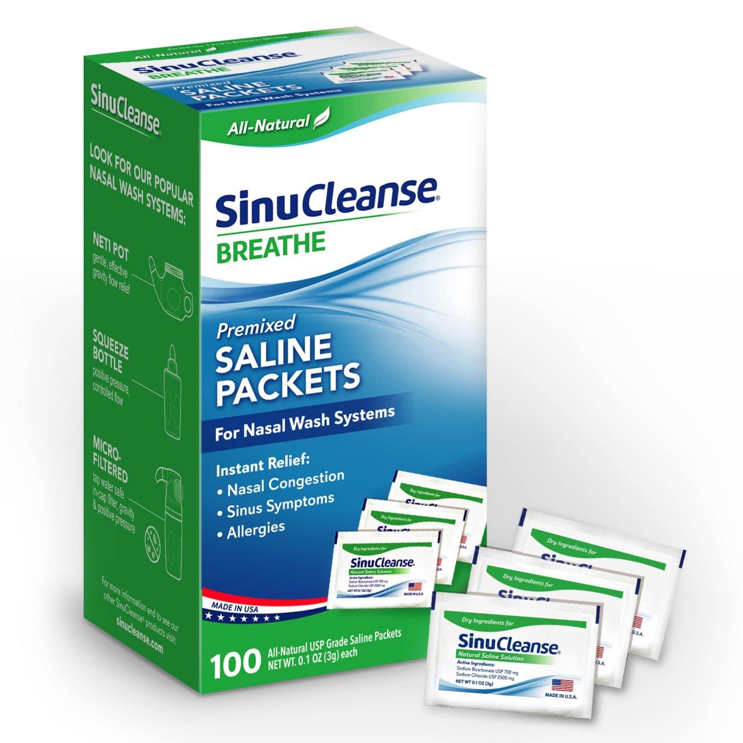 SinuCleanse Pre-Mixed Saline Packets for Nasal Wash Irrigation Systems, 100 Count-All-Natural, Pharmaceutical Grade, and PH Balanced