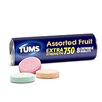 TUMS Extra Strength Antacid Tablets for Chewable Heartburn Relief and Acid Indigestion Relief, Assorted Fruit Flavors - 8 Count Roll