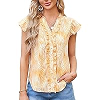 JASAMBAC Womens Blouses Dressy Casual V Neck Ruffle Short Sleeve Flowy Shirts Cute Loose Spring and Summer Tops