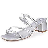 IDIFU IN2 Strappy Heels for Women Low Chunky Block Square Toe Slip on Heels Wedding Party Dress Shoes Comfortable Slide Mules Heeled Sandals Open Toe Thick Heels