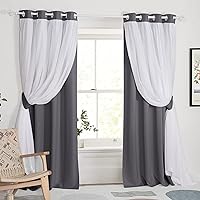 PONY DANCE Double Layer Curtains - 84 inches Long for Living Room Blackout Curtains & Drapes with White Crushed Voile for Bedoom, 52 by 84 inches, Grey, 2 PCs