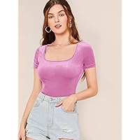 JIAOJIE Women's Tops Women's T-Shirt Scoop Neck Fitted Velvet Top Women's Tops T-Shirt for Women (Color : Lilac Purple, Size : Medium)