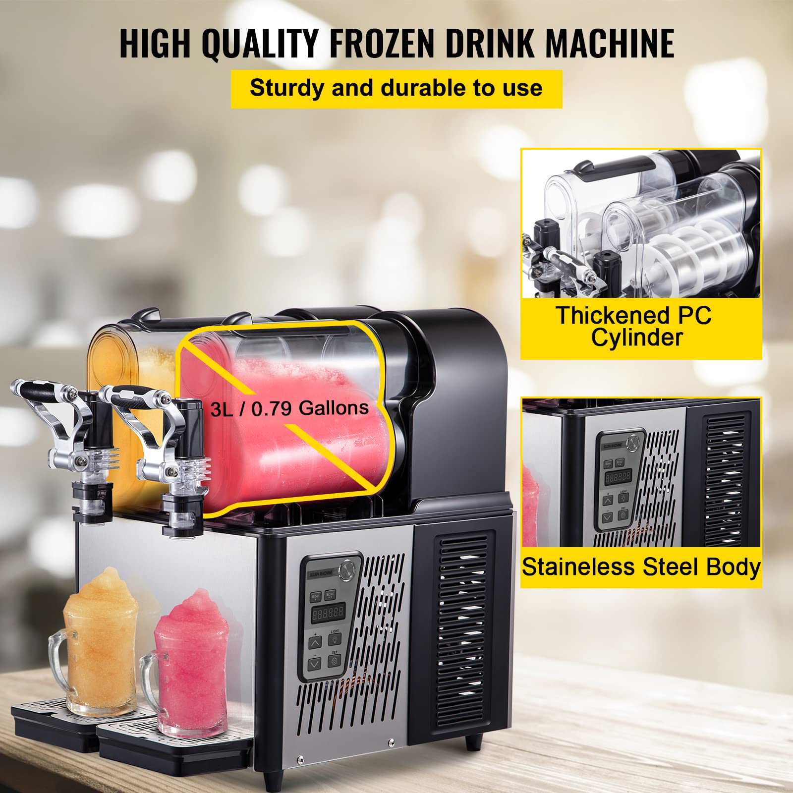 VEVOR Slushy Machine, 3Lx2Tank Frozen Drinks Maker Automatic Clean, 370W Fruit Juice Smoothie Makes for Home Supermarkets Cafes Restaurants, 3L2, black