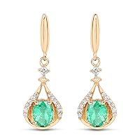 0.70 Carat Genuine Zambian Emerald and White Diamond 14K Yellow Gold Earrings