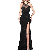 VFSHOW Womens Formal Illusion Halter Keyhole Back Prom High Slit Maxi Dress Wedding Guest Applique Twist Front Evening Gown