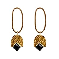 10mm Square Cut black Spinel 18K Gold Plated Long Oval Hammered Matt Finish Handmade Earrings, Fancy Unique Handmade Dangle Earring Jewelry