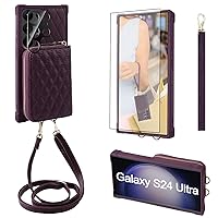 MONASAY Crossbody Wallet Case Compatible for Samsung Galaxy S24 Ultra 6.8 inch[Glass Lens&Screen Protector] Zipper Leather Phone Cover with Card Holder& Handbag Shoulder Lanyard Strap, Purple