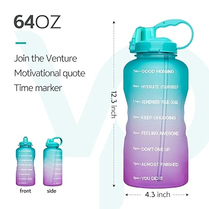Venture Pal Large 64 oz/128 oz(When Full) Motivational BPA Free Leakproof Water Bottle with Straw & Time Marker Perfect for Fitness Gym Camping Outdoor Sports