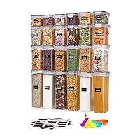 24 Pack Food Storage Containers with Lids - Plastic Kitchen and Pantry Organization Food Grade Airtight Dry Cereal Canisters Set for Dry Food, Sugar Flour Baking - Includes Spoon Set, Labels & Marker