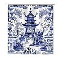 Blue and White Shower Curtain Pagoda Chinoiserie Asian Inspired Bathroom Curtains Farmhouse Shower Curtain 72x78in Stall Shower Curtain Polyester Fabric Shower Curtain Set with Hooks