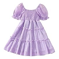 Toddler Babygirls Dresses Purple Bubble Sleeve Short Sleeve Ruffle Princess Dress Summer Clothes for Toddler Girl